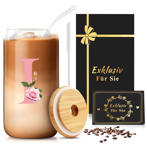 CIGAA Taza de cristal con letras A-Z con tapa y pajita, 500 ml, vaso para batidos, zumos, batidos, cervezas, ideal para regalos