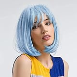 Bob Wig with Bangs - 12 Inch Blue Wigs for Women, Natural Looking Short Wigs with Bangs, Super Cute Bob Wig Easy to Put, Colorful Synthetic Wig for Daily Use, Parties, Cosplay, Halloween(Light Blue)