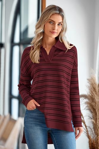 Image of MASCOMODA Womens Sweaters Fall 2025 Oversized Striped Sweater Long Sleeve Polo V Neck Loose Side Slit Knitted Tunic Tops
