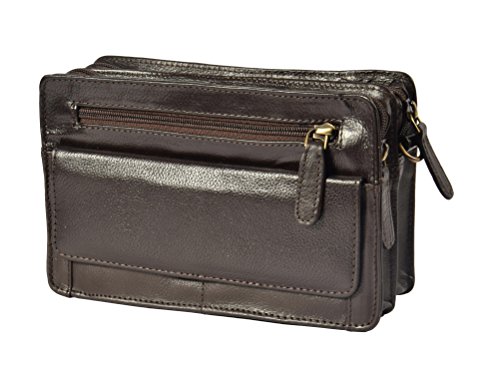 House of Luggage Cuir Poignet Sac Double Haut à Glissière Pochettes Argent Mobile Organisateur de Voyage Poche HLG820 Marron