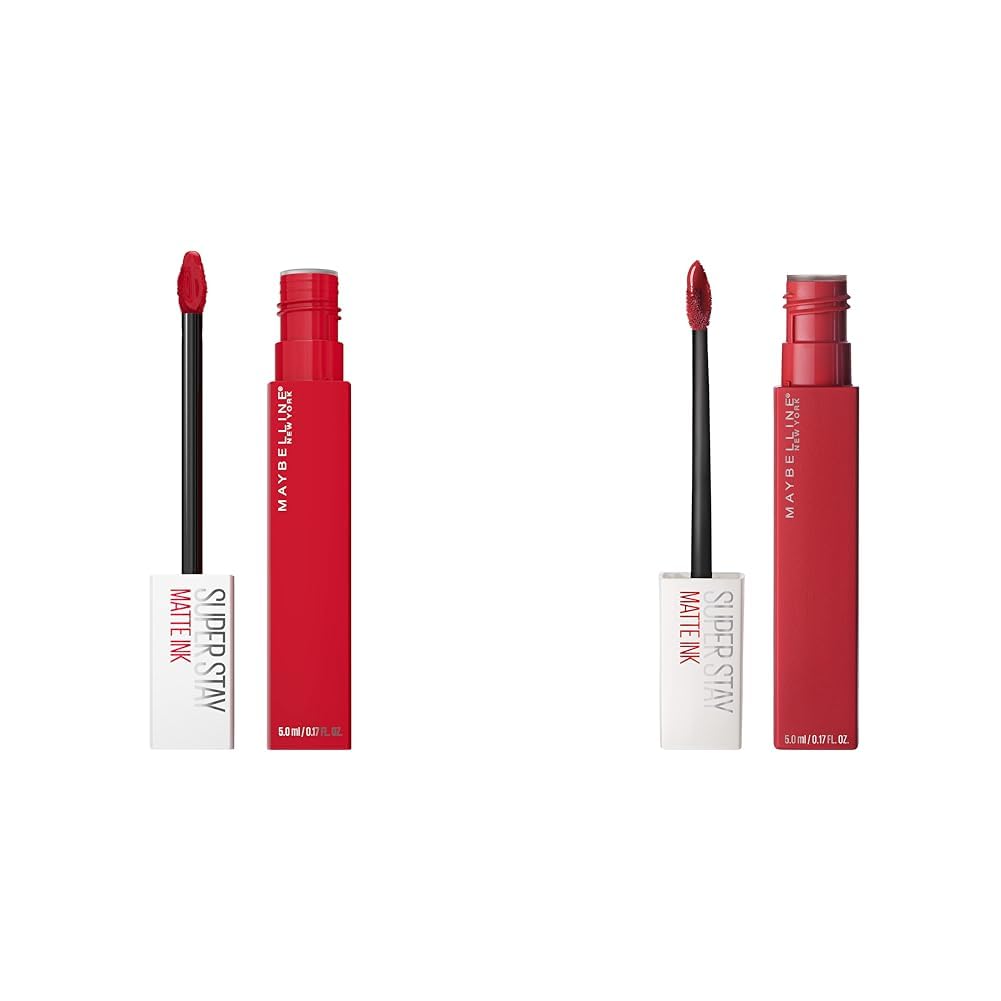 MAYBELLINE Super Stay Matte Ink Liquid Lipstick Shot Caller Bright Pinky Red & Pioneer Blue Red, 16H Wear, 1 Count Each