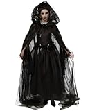IKSII Tulle Cape Witch Costume for Women,Sheer Lace Black Hooded Cloak Robe,Vampire Cape Costume Women,Gothic Plus Size Witches Costume,Halloween Costumes Outfit Full Length
