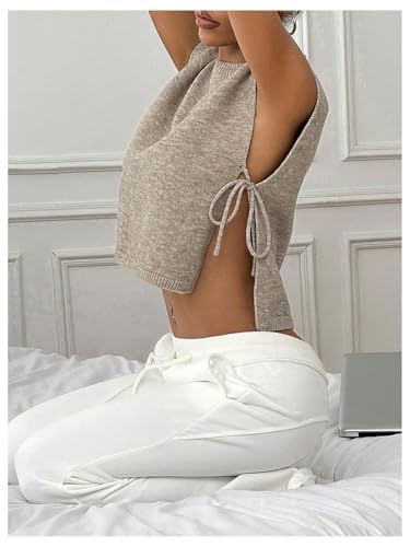 GORGLITTER Women's Cropped Sweater Vest Tops Sleeveless Crew Neck Side Tie Cap Sleeve Knit Tank Top3