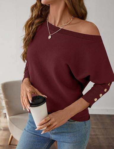 Micoson Women's Tops Casual Trendy Off The Shoulder Sweaters Long Batwing Sleeve Fashion Pullover Oversized Outfit Wine Red S by Micoson - Used condition - Image 8