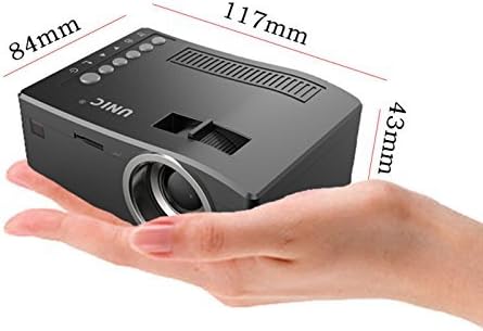 UNIC UC18 Mini Projector held in hand, showing dimensions