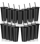 15 Pack Plastic Tumblers with Lid and Straw, 24 oz Bulk Party Cups Reusable Smootie Cups for Part...