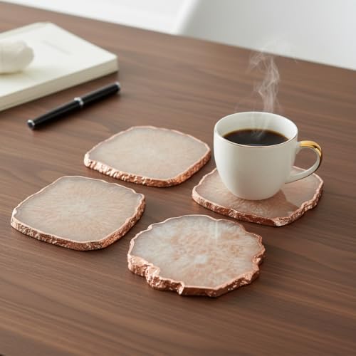 Image of Natural Agate Stone Tea Coasters Set | Premium Stone Coasters for Tea, Coffee & Glass | Heat Resistant Coasters for Dining Table, Office Desk & Home Decor | Pack of 4 | Color -Brown