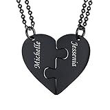 U7 BFF Necklace for 2 Ion Plating Black Metal Split Heart Pendant Custom Engrave Name Puzzle Pendant Personalized Matching Set for 2 Best Friend Lover Couple