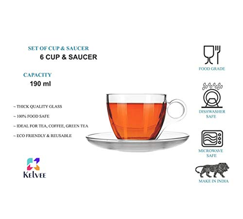 Image of KELVEE New Crystal Clear Classic Glass Tea & Coffee Cup and Saucer Set, for Latte Cappuccino Espresso Mocha and More, (6 Cups and 6 Saucers) - Pack of 12 (Honey)