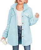 Haloumoning Girls Fuzzy Fleece Jacket Casual Button Down Sherpa Overcoat Faux Fur Jackets Outwear 4-15 Years