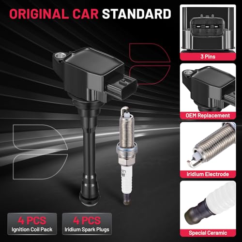 Image of BDFHYK 4 Ignition Coil Pack UF708 and 4 Iridium Spark Plug 91187 Compatible with Nissan NV200 2.0L l4 2013 2014 2015 2016 2017 2018 2019 Coil for IC812 PR4011 PPCUC16 22448-1KT0A 2505-302211