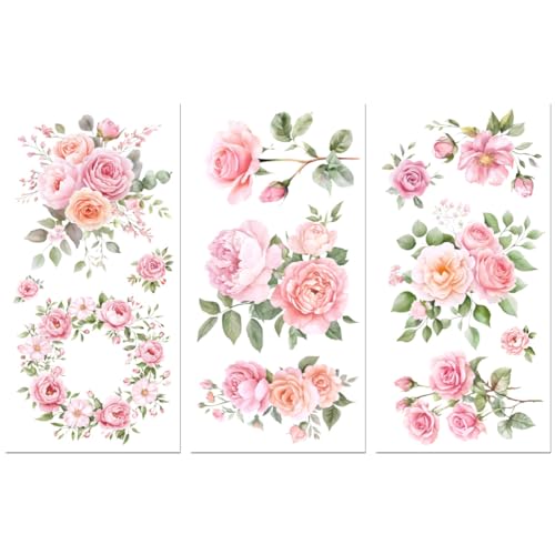 Peacoblue UV DTF Rub-On Transferfolie Möbel-Sticker Rosa Blumen Muster 15x30cm, 3 Stk. Wasserfeste Deko-Transferaufkleber für Möbel Glas Gläser Porzellan Wäscheschränke Kommoden Holz Kunststoff