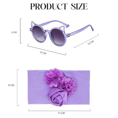 Image of SYGA Baby Rose Flower Stretchable Headband With Uv Protection Cat Type Sunglasses Stylish Combo For Toddlers And Kids (Purple)