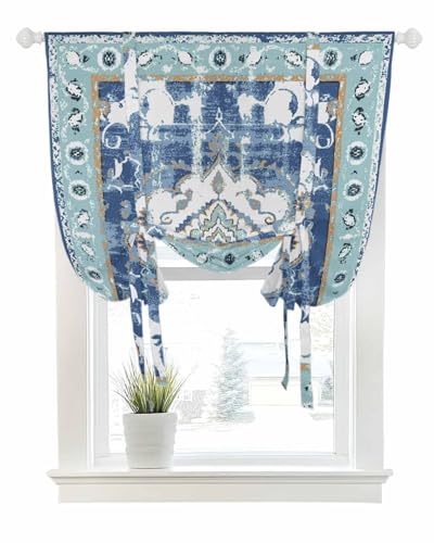 Tie Up Curtains for Windows Retro Ethnic Carpet Texture Rod Pocket Tie-Up Window Shade Adjustable Balloon Curtain Valance Abstract Blue Boho Art for Bedroom Kitchen Bathroom Blinds,42x45in