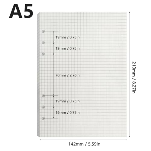 GYSRXS 3 Packungen A5 Nachfüllpapier Kariert 135 Blätte Ringbuch Nachfüllbar Papier 6 Löcher Notizpapier Nachfülleinlagen für A5 Notizbuch,Tagbuch,Skizze,Malerei