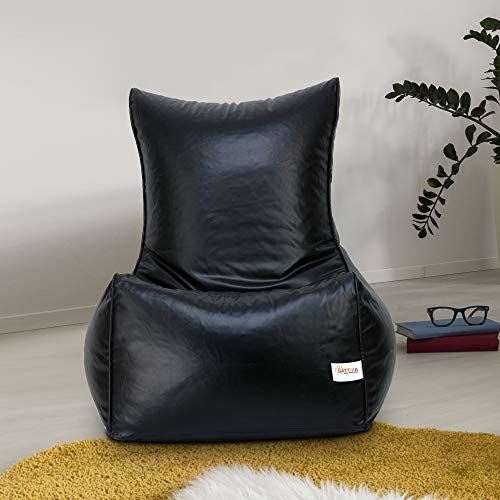 SATTVA XXXL Chair Style Bean Bag Filled with Beans | Faux Leather Bean Bag Chair for Adults & Teens | Pre-Filled Comfortable Seating for Home, Living Room, Bedroom, Gaming & Office – Black