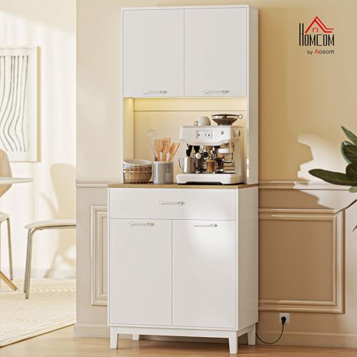 HOMCOM Alacena de Cocina con Luces LED y Estación de Carga, Control por APP, Mueble Auxiliar de Cocina con 4 Puertas, Cajón, Encimera Abierta para Microondas, Estantes Ajustables, 71x40x180 cm, Blanco - imagen 2