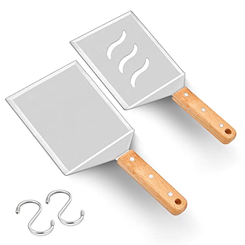 Metal Burger Spatulas Set of 2, Joyfair Stainless Steel Hamburger Turner for Griddle, Large Wide Spatula BBQ Flipper with Hook, Great for Grilling Flipping Cooking Kitchen Restaurant (Wooden Handles)
