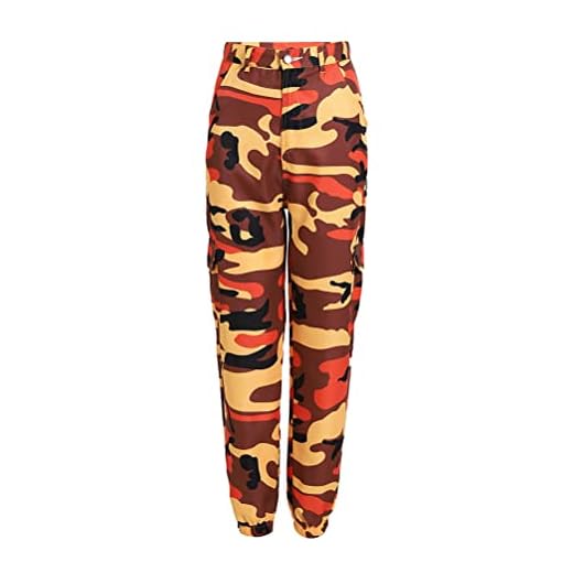 Tomwell Pantalon Cargo Femme Militaire Taille Haute avec Poche Mode Hip Hop Sweatpants Pantalon Imprimé Camouflage de Training Jogging Legging Orange XL