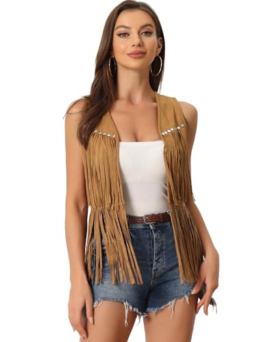 Image of Allegra K Women's Fringe Top Vest Open Front Western 70s Outfits Faux Suede Tassel Cardigan