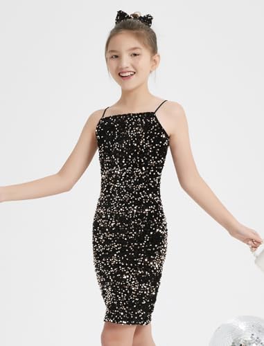 EXARUS Girls Sequin Spaghetti Strap Bodycon Dress Teen Sparkle Pencil Party Mini Special Occasion Birthday Velvet Dress2