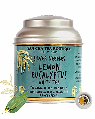 Image of Sancha Tea Boutique, Lemon Eucalyptus White, 25g Loose Silver Needle Buds with Eucalyptus Leaves, Refreshing Citrus & Herbal Blend, Premium Antioxidant Rich White