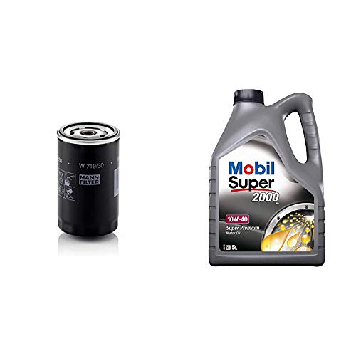 Original MANN-FILTER Ölfilter W 719/30 - Für PKW und Nutzfahrzeuge + Mobil Motorenöl Super 2000 X1 10W-40, 5L