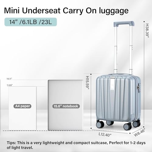 Image of Hanke 14 Inch Underseat Carry On Luggage with Wheels Hard Shell Suitcases Carry On Bag Lightweight Small Mini Suitcase Travel Luggage for Travel（Gray）