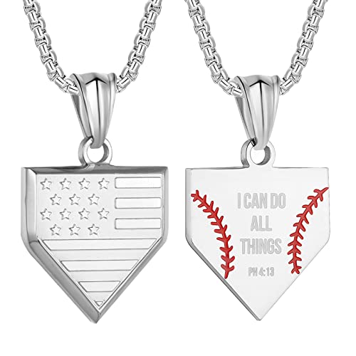 Baseball Home Plate Necklace For Boys Usa Flag Shield Pendant Stainless Steel Chain 22+2 Inch Inspirational Bible Verse Baseball Gift Personalized Patriotic Jewelry For Mens(Silver-4-13） #TOP24