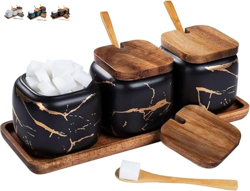 TELANKS 3er Set Zuckerdose Keramik mit Deckel und Löffel, Gewürzgläser mit Löffel, Salzdose mit Deckel, Salztopf für Haus und Küche