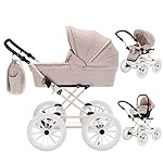 Friedrich Hugo Natureline | 3 in 1 Kombi Kinderwagen Set | Öko Nostalgie Kinderwagen | Farbe: Catherine Creme