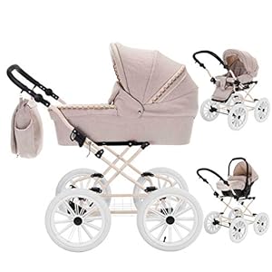 Friedrich Hugo Natureline | 3 in 1 Kombi Kinderwagen Set | Öko Nostalgie Kinderwagen | Farbe: Catherine Creme