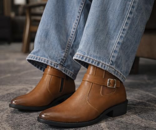 Image of Kraasa Men's Synthetic Leather Ankle Boots with Side Buckle Strap, Elastic Panel & Durable TPR Sole Casual & Formal Wear Boot