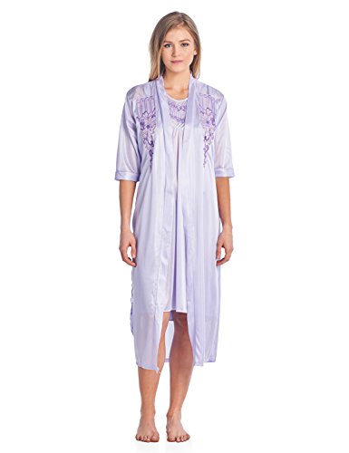 Casual Nights Women's Satin 2 Piece Robe And Nightgown Set - Embroidered Purple - Large #TOP6