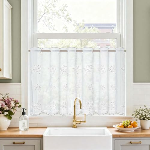 TOPICK Scheibengardine Küche lichtdurchlässig Bistrogardine Wohnzimmer modern Küchengardinen Gardine Schals Fensterschal Kurzgardine für Küche Küchenfenster Landhausstil 1 Stück B 120x H 60cm Weiß
