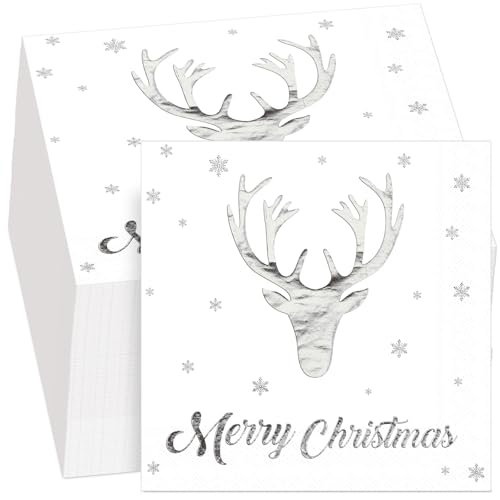 Tenare 100 Stück Weihnachtsservietten mit Motiv Silberfolie Silber...