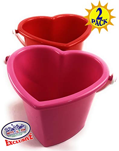 Matty's Toy Stop Beach Gear 6" Plastic Heart Shape Sand Buckets (Pails) Red & Pink Party Set Bundle - 2 Pack