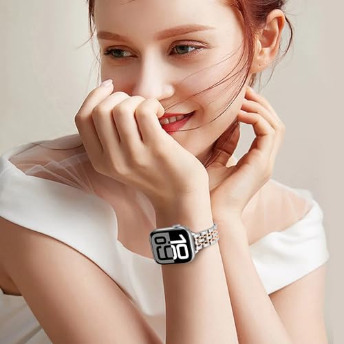 Image of Anlinser Metal Bands Compatible with Apple Watch Band for Women 49 /46 /45 /44 /42 /41 /40 /38mm, Thin Band Designed for iWatch Ultra 3-1 Series 11 10 9 8 7 6 5 4-1 SE (49 /46 /45 /44 /42mm, Silver-Rose Gold)