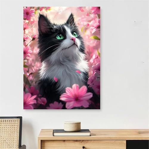 Peinture numéro adulte chat rose pour créer une décoration murale de salon relaxante