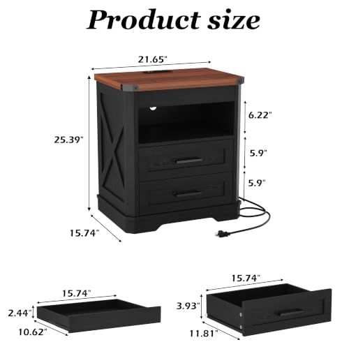 Image of Yusong Farmhouse Night Stand with Gun Drawer & Invisible Lock, Rustic Wooden Night Stand with Charging Station, Beside Table with Drawers and Open Storage, End Tables for Bedroom, Black