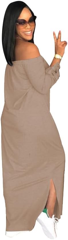 OLUOLIN Women's Casual Letter Print Off Shoulder Long Sleeve Bowknot Sides Slit Loose Long T-Shirt Maxi Dress - Image 3