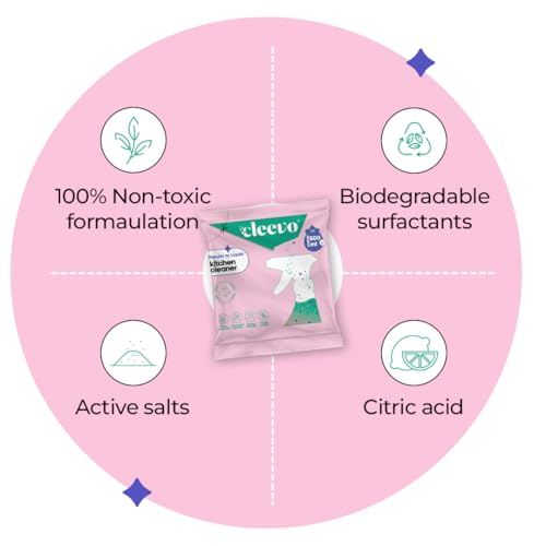 Image of Cleevo Kitchen Cleaner Spray 1L Bottle Pack (2 Sachets makes 1 Litre)|Powder to Liquid | | Non-Toxic Degreaser for Gas Stove, Chimney & Countertop | Surface Cleaner (Lilly)