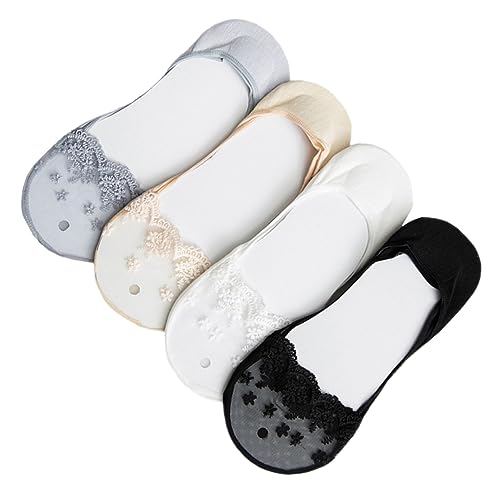 ABOOFAN 4pairs Summer Cotton Lace Socks for Women Embroidered Invisible Boat Socks Anti-slip Heel Design for Low Cut Shoes Random Colors