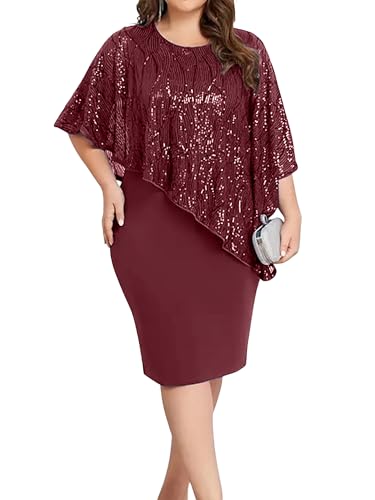 LapaPlus Übergröße Damen Pailletten Abend Cocktailkleid Bodycon Midikleid – 2025 Frauen glitzerndes Ballkleid halbe Ärmel,Rotwein