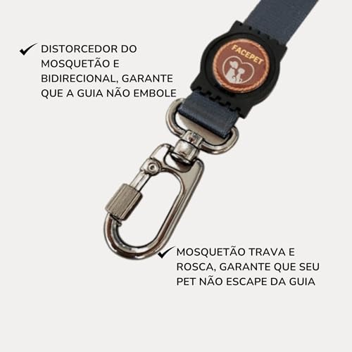 Guia Para Cachorro com 2 Metros Com Mosquetão Trava e Rosca Resistente Para Passeios (Cinza, M guia