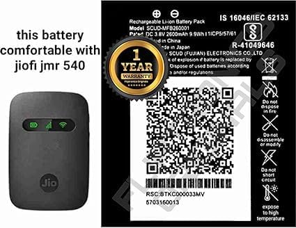 Image of MFB260001 Battery for Reliance Jio 4G Router JioFi 3 (JMR540, JMR541) JioFI 4 (JMR1140) Battery with 1 Year Warranty**** (Z66)
