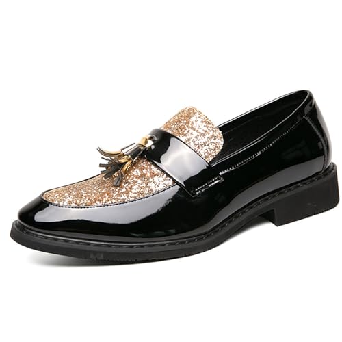 Men's Patent Leather Sequin Penny Loafers with Tassel Decoration Round Toe Chunky Heels Business Casual Dress Loafers Wedding Banquet Formal Shoes