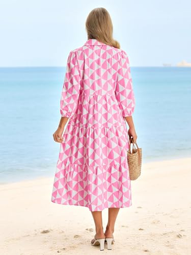 Image of Wenrine Womens Casual 3 /4 Sleeve Shirt Dress Button Down V Neck Tiered Collared Flowy Maxi Dress