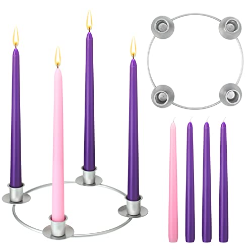 EBOOT 5 Packs Christmas Advent Wreath Ring Set Silver Christmas Advent Candles Holder with 3 Purple and 1 Pink Taper Candles Ring Set for Church Home