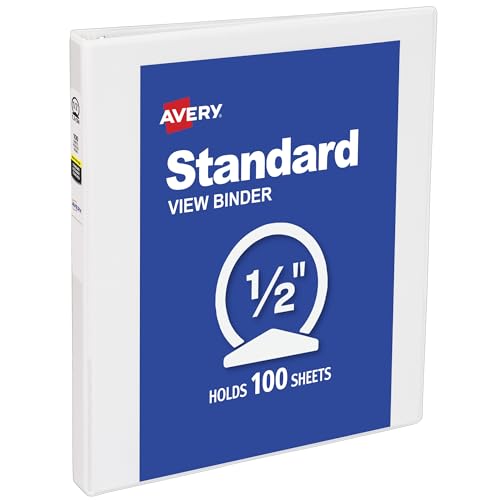 Avery Standard View 3 Ring Binder 0.5 Round Rings 100-Sheet Capacity 0.7 Inch Wide Spine 1 White Binder Ideal for Lightweight Organization and Occasional Referencing (05706)